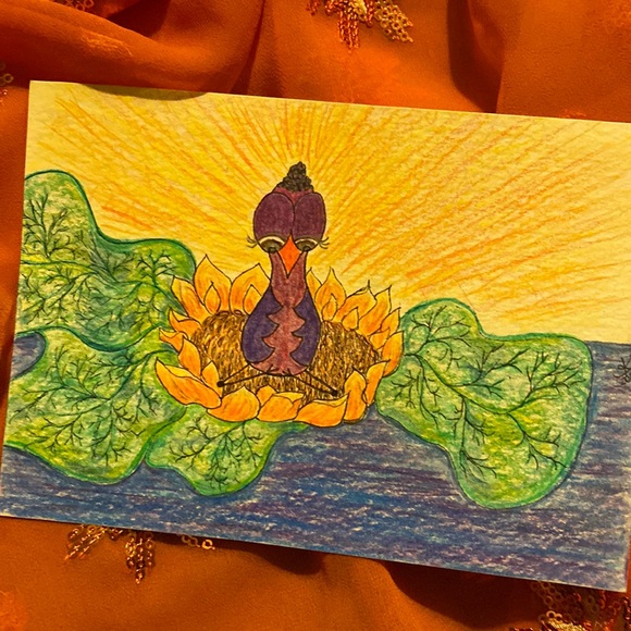 Unframed Original Art Pencil Crayon Drawing Illustration Cute Yoga Meditation - Picture 3 of 5